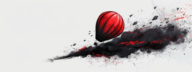 Poster -  A red balloon drifting in the sky, emitting black smoke from its base