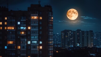 Wall Mural - Moonrise behind a high-rise building creating a dramatic nighttime scene. 