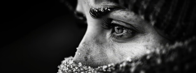 Canvas Print -  A monochrome image of an eyed individual swathed in a scarf against a jet-black backdrop