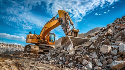 Excavator Digging Rocks in Quarry.