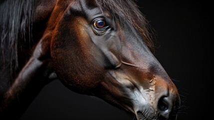 Wall Mural -  A horse's face in tight focus against a black backdrop, superimposed with a softly blurred image of its head