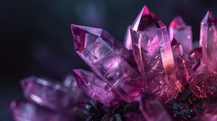 Poster -  A group of pink crystals atop black rocks, surrounded by a purple radiance in the background