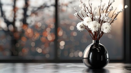 Canvas Print -  A black vase with white flowers on a table, nearby a window with blurred tree silhouettes outside