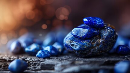  Two piles of blue rocks atop separate wooden tables