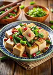 Wall Mural - Fresh vegetable salad with tofu and bell peppers in a bowl.