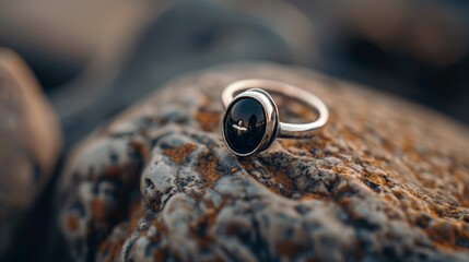 Wall Mural -  A tight shot of a ring atop a near rocks, with a foreground rock and a background rock framed in the scene