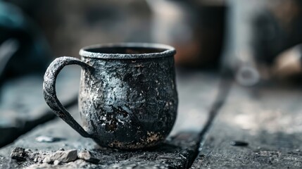 Sticker -  A dirty coffee cup on a wooden table, nearby are two pairs of scissors