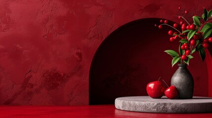 Canvas Print -  A table holds two vases, one filled with red berries The other is empty but nearby, awaiting its own berry arrangement