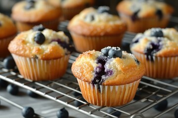 Sticker - Tasty homemade blueberry muffins on a wire rack, garnished with fresh berries