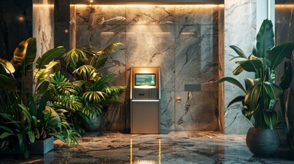 sleek modern atm with a digital interface glowing softly, set against a backdrop of polished stone w