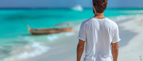 Wall Mural -  A man gazes at a boat in the water before him, another rests behind him