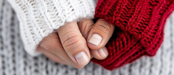 Wall Mural -  A close-up of hands holding a red and white striped knitted sweater