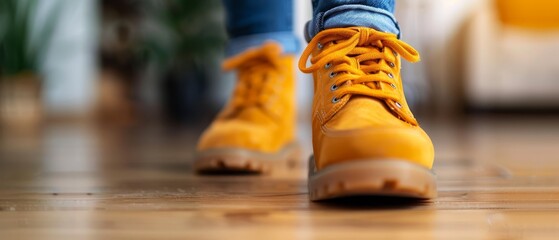 Sticker -  A tight shot of feet in yellow shoes against a wooden floor Background includes a couch