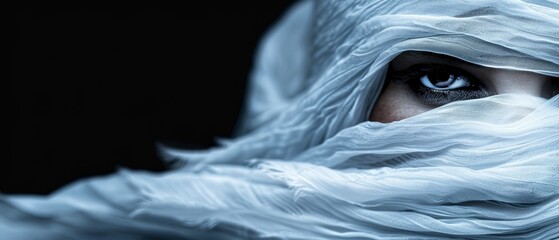  A tight shot of a face, concealed by a white cloth, obstructing the eyes