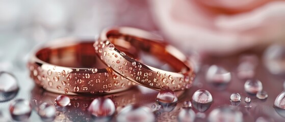 Wall Mural -  A few wedding rings resting atop a wettable surface, dotted with water droplets