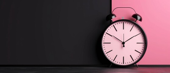 Wall Mural -  A pink-and-black alarm clock sits on a pink floor with black sections, adjacent to a pink wall and a black-and-pink wall