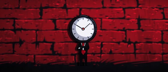 Wall Mural -  A clock faces a brick wall with a red light above it