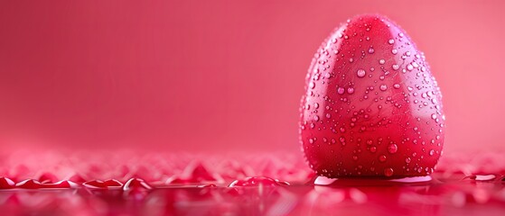 Sticker -  A red object with water drops on its surface, against a pink background