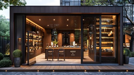 storefront of An elegant wine shop with tall glass windows, stylish wine displays, and a sophisticated, dark wood exterior. 