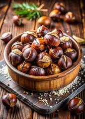 Wall Mural - Freshly roasted chestnuts in a wooden bowl with rustic decor.