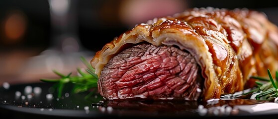 Wall Mural -  A tight shot of a slice of meat on a plate, garnished with a sprig of rosemary