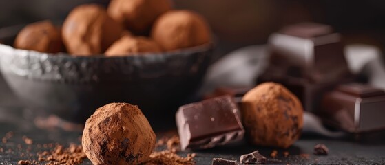 Canvas Print -  A tight shot of a table featuring a foreground bowl of chocolates and a background bowl of cocoa