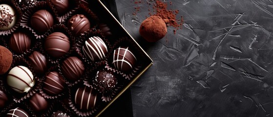 Poster -  A table holds a box brimming with chocolates and a mound of powdered chocolate atop it