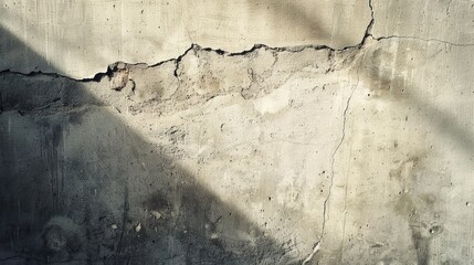 Poster - Sunlit abstract aged grainy cement wall with crack in industrial setting for text and content placement