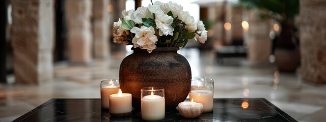 Sticker -  A table holds a vase filled with white flowers and two lit candles