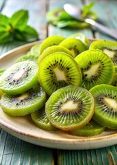 Poster - Freshly sliced kiwis on a wooden plate, vibrant green and juicy.