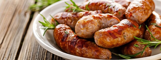 Poster -  A tight shot of a sausage platter, adorned with a sprig of fragrant rosemary atop