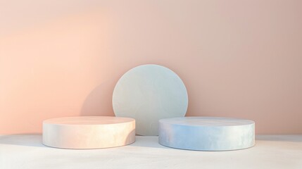 Poster - The three round pedestals are made of concrete and are placed on a white surface