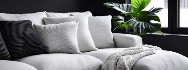 Canvas Print -  A white couch with black-and-white pillows is situated in a room corner, opposite black walls A green plant adorns this space