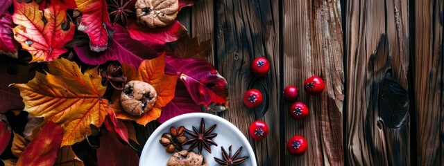 Wall Mural -  A white plate holds cookies and a star anise atop a wooden table Nearby, red and orange leaves lie scattered