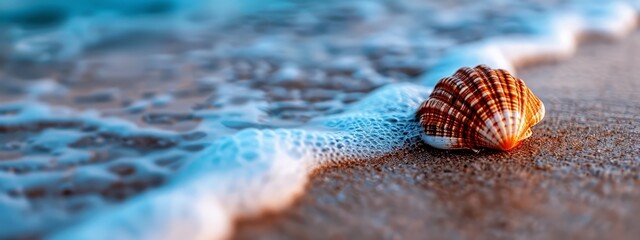 Wall Mural -  A tight shot of a seashell on sandy beach shore, as a wave approaches