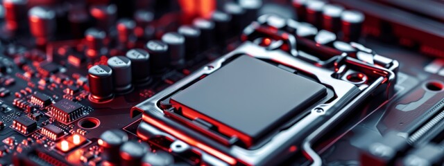 Canvas Print -  A tight shot of a computer motherboard, lit by red and black side lights