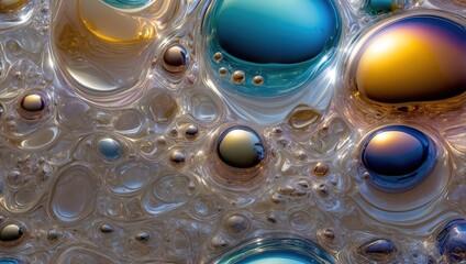 Surreal landscape of iridescent bubbles floating