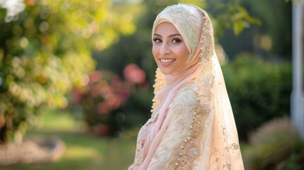 Wall Mural - A woman wearing a white dress and a gold head scarf is smiling