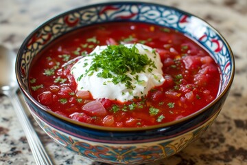 Sticker - Vibrant beet soup, known as borscht, served with sour cream and fresh parsley in a decorative bowl