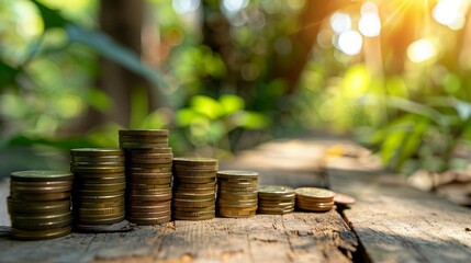 Wall Mural - Financial Growth DIY: Money Coin Stack, Growing Graph, and Wooden House with Leaves - Investment in New Home Development