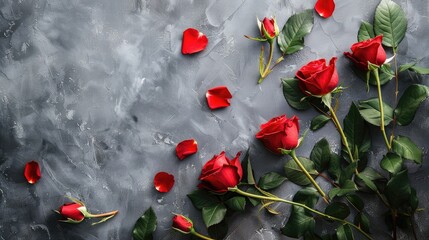 Wall Mural - Red roses on a gray background flat lay with copy space