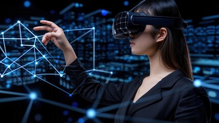 Poster - A woman wearing a virtual reality headset interacts with a digital network, reaching out with her right hand to touch a glowing orb