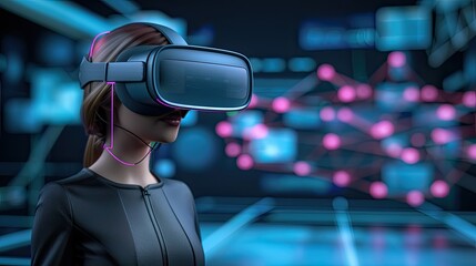 Poster - A woman wearing a virtual reality headset interacts with a digital network, reaching out with her right hand to touch a glowing orb.