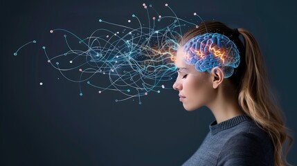 Poster - A woman with a digital brain illustration, with colorful lines extending outward from her head, is shown against a blue background