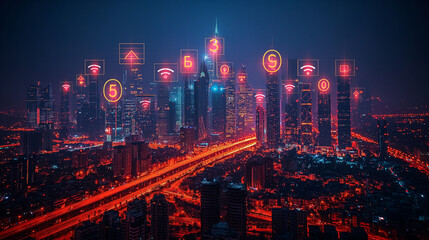 Sticker - 5g network vista over smart city with icons of urban infrastructure skyscrapers. High-speed broadband telecommunications wireless Internet concepts, vector.