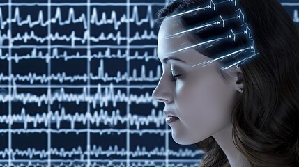 Poster - A woman with a digital brain illustration, with colorful lines extending outward from her head, is shown against a blue background