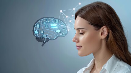 Poster - A woman with a digital brain illustration, with colorful lines extending outward from her head, is shown against a blue background