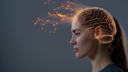 Poster - A woman with a digital brain illustration, with colorful lines extending outward from her head, is shown against a blue background