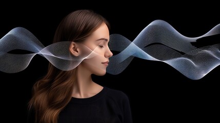 Poster - A woman with a digital brain illustration, with colorful lines extending outward from her head, is shown against a blue background