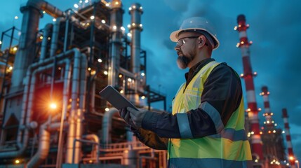 Poster - An engineer holding a tablet, standing in front of a modern power plant, representing technological advancements in energy production